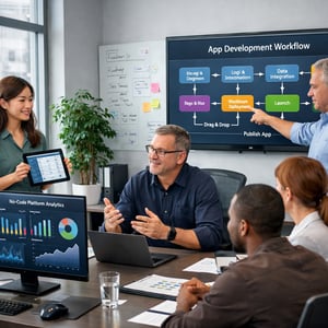IT Director Discussing No-Code Analytics with Team in Modern Office