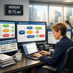 Operations Manager Typing on Laptop in Modern Office