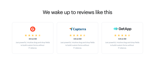 Displaying a logo showcase with centered text & star rating - https://kissflow.com/low-code/zero-code/