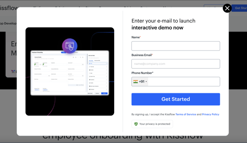 Global demo interactive popup with post signup redirection - https://kissflow.com/hr/employee-onboarding/