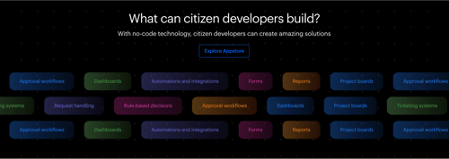 Feature list arranged in a three-row layout - https://kissflow.com/platform/