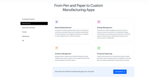 Vertical layout accordion with multiple features & CTA bottom - https://kissflow.com/solutions/manufacturing/
