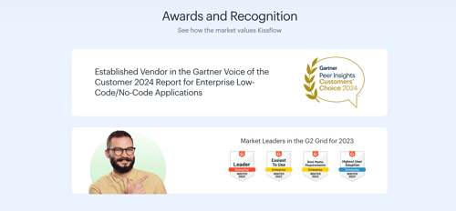 Collection displaying badges and additional information with a call-to-action (CTA). - https://kissflow.com/customer-reviews/
