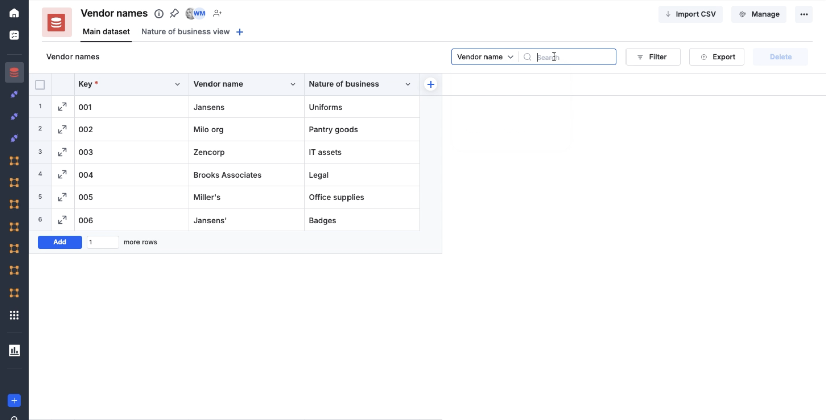 Search bar for datasets