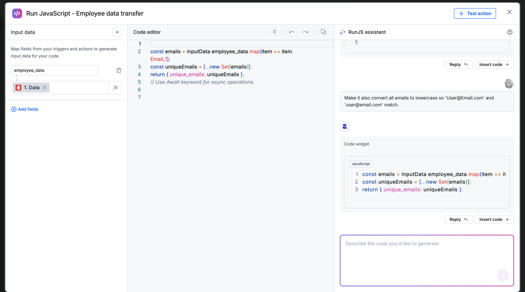AI code assistant for run script connector